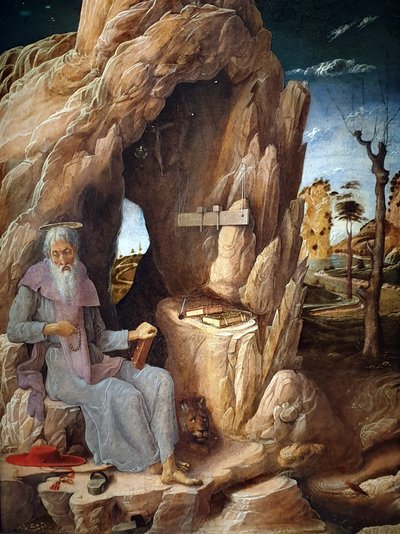 De heilige Hiëronymus Boetvaardig in de Woestijn door Andrea Mantegna