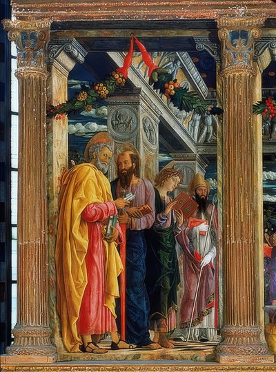 San-Zeno-altaar. Linkerkant. Afgebeeld zijn Simon Petrus, Paulus van Tarsus, Johannes de Evangelist en Zenon van Verona door Andrea Mantegna