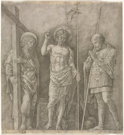 De Verrezen Christus tussen Sint Andreas en Longinus door Andrea Mantegna