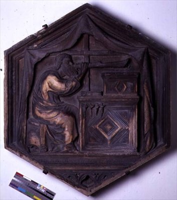 Muziek, zeshoekige decoratieve reliëftegel uit een serie die de zeven vrije kunsten uitbeeldt, mogelijk gebaseerd op ontwerpen van Giotto (c.1266-1337) c.1334-48 door Andrea Pisano