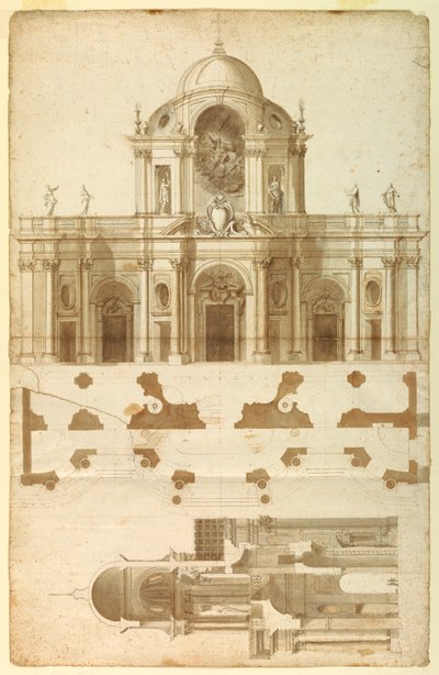 Voorgestelde Elevatie, Sectie en Plan voor de Gevel van San Giovanni, Laterano, Rome, Italië door Andrea Pozzo