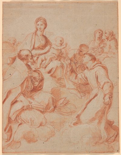 De Maagd en het Kind met Sint Antonius van Padua die een lelie aan het Kind overhandigt door Andrea Sacchi