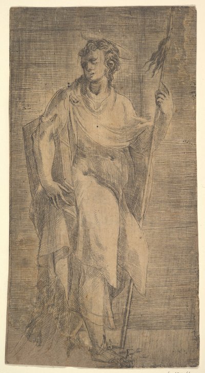 Een heilige, mogelijk Mattheüs, met een staf en een boek, ca. 1540-50 door Andrea Schiavone