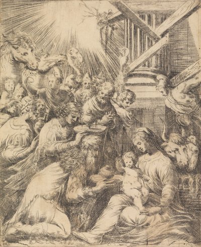 Aanbidding der Wijzen, ca. 1553-60 door Andrea Schiavone
