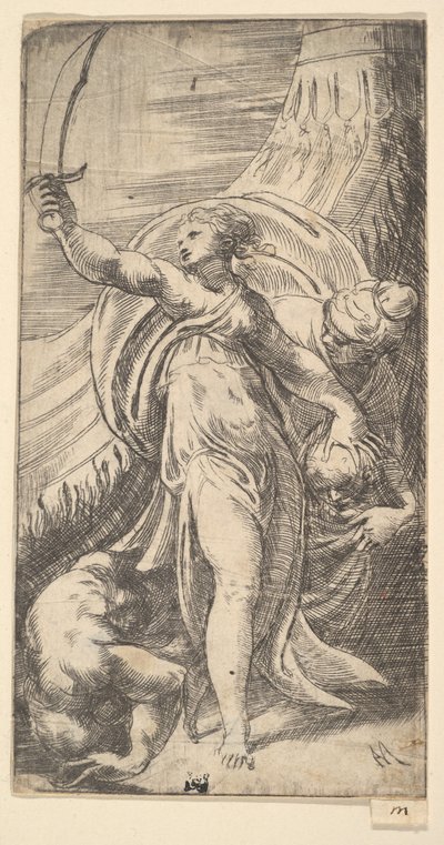 Judith met haar zwaard geheven in haar rechterhand, het hoofd van Holofernes plaatsend in de zak door Andrea Schiavone