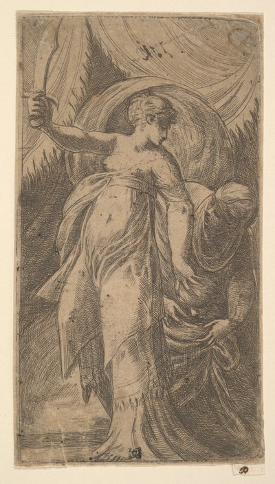 Judith met haar zwaard opgeheven in haar rechterhand en het hoofd van Holofernes plaatsend door Andrea Schiavone