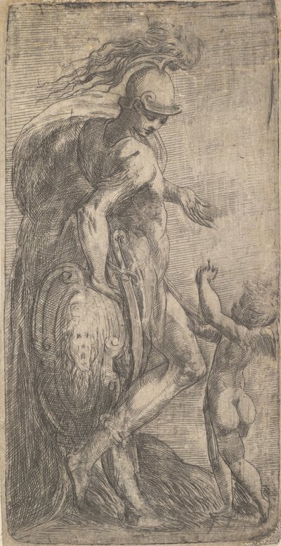 Mars staand links leunend op een schild, Cupido rechts, ca. 1542-46 door Andrea Schiavone