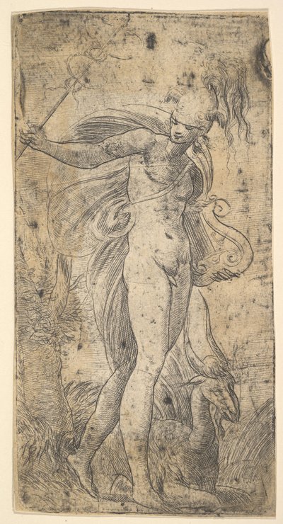 Mercurius staande met een caduceus in zijn rechterhand, een lier in zijn linkerhand door Andrea Schiavone