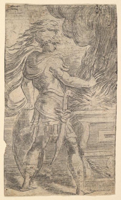 Mutius Scaevola die zijn hand in de vlammen steekt linkerhelft van een compositie, waarvan de rechter..., ca. 1540 door Andrea Schiavone