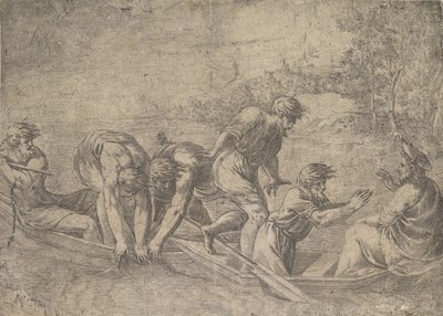 Het Wonderbaarlijke Vangst van de Vissen, Christus rechts vergezeld door apostelen door Andrea Schiavone