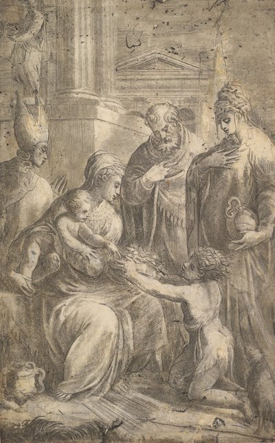 Verschillende heiligen die Johannes de Doper hulde zien brengen aan het Christuskind door Andrea Schiavone