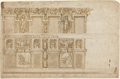 Een Paleismuur Versierd met Beelden en Schilderijen door Andrea Semino