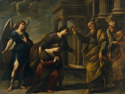 Raguels zegen van haar dochter Sarah voordat ze Ecbatana verlaat met Tobias door Andrea Vaccaro