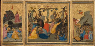 Scènes uit het lijdensverhaal van Christus: De lijdensweg in de tuin, de kruisiging en de afdaling in het voorgeborchte [volledig drieluik]. door Andrea Vanni