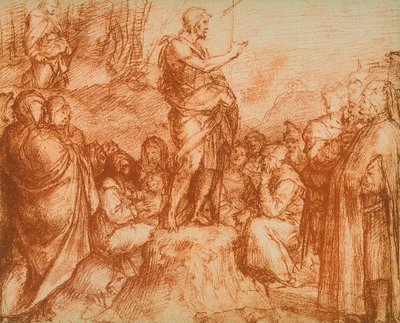 St. Johannes de Doper predikt tot de menigten, voorbereidende studie voor de fresco in het Chiostro dello Scalzo, tekening door Andrea del Sarto. Gabinetto dei Disegni e delle Stampe, Uffizi Gallery, Florence door Andrea del Sarto