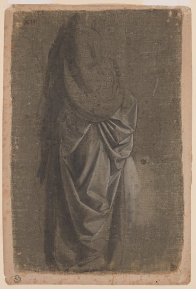 Draperiestudie van een staande figuur met gezicht naar rechts, in profiel door Andrea del Verrocchio