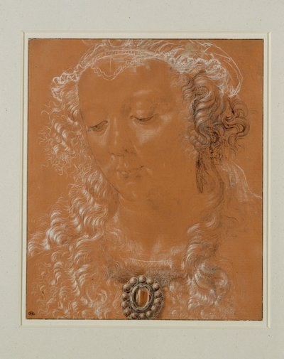 Hoofd van vrouw, ogen neergeslagen, iets naar links gedraaid ... door Andrea del Verrocchio
