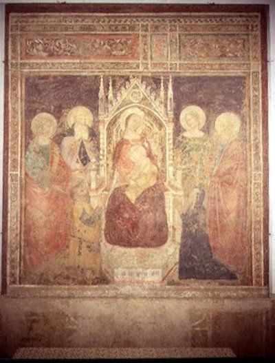 Madonna en Kind met de heiligen Elia, Johannes de Doper, Nicolaas en Leonardus door Andrea di Bonaiuto (fl.1343 77)