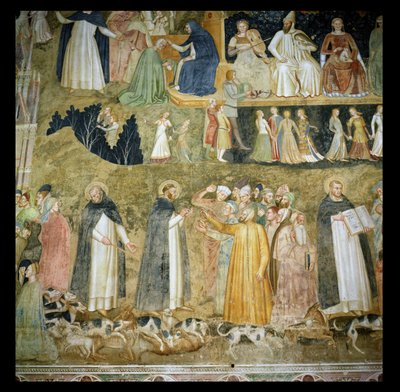 St. Dominic stuurt de honden van de Heer uit, met St. Peter Martyr en St. Thomas van Aquino, c.1369 door Andrea di Bonaiuto