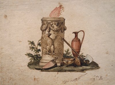 Kolomvormige vuurkorf, versierd met festoenen en adelaar, met snijwapens, beker en amphora, schilderij door Andrea Appiani, Italië door Andrea the Elder Appiani