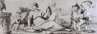 Vrouwelijke figuur met putti, allegorische compositie, ca. 1754, ontwerp door Andrea Appiani (1754-1817) voor ladekast-bureau door Giuseppe Maggiolini, Italië door Andrea the Elder Appiani