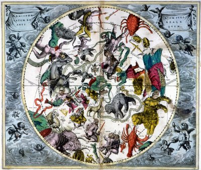 Kaart van de hemel en tekens van de dierenriem - facsimile van een oude compositie die de sterrenbeelden van de noordelijke hemel voorstelt, gebaseerd op André Cellarius