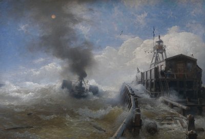 Een Sleepboot die de Haven van Oostende Verlaat door Andreas Achenbach