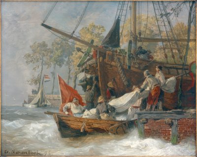 Haveningang bij stormachtige zee door Andreas Achenbach