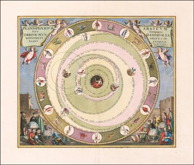1660 hemelkaart ter illustratie van het model van het heelal van de Griekse astronoom Aratus door Andreas Cellarius