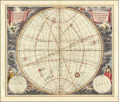 1660 hemelkaart die de bewegingen illustreert van zowel de rechtopstaande bol (het equatoriale coördinatenstelsel) als de schuine bol (het eclipticale coördinatenstelsel) door Andreas Cellarius