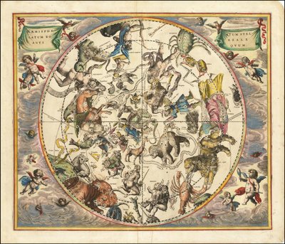 Hemelkaart uit 1660 met de sterrenbeelden van het noordelijk halfrond over het zuidelijk halfrond van de aarde. door Andreas Cellarius