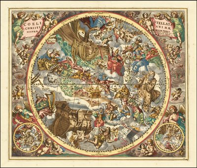 1660 kaart van sterrenbeelden volgens de christelijke symboliek door Andreas Cellarius