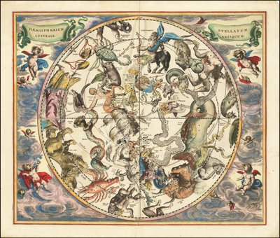 1660 kaart van de sterrenbeelden van het zuidelijk halfrond door Andreas Cellarius