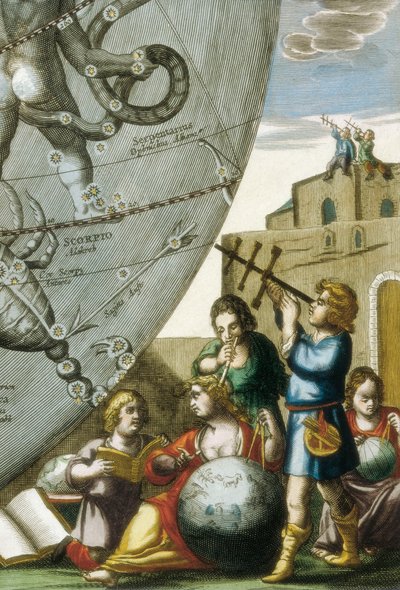 Wetenschappers (astrologen en astronomen) bestuderen globes en de hemelkaart, detail uit Atlas Coelestis seu Harmonia Macrocosmica door Andreas Cellarius (1596-1665) door Andreas Cellarius