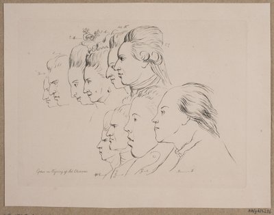10 portretten: Enevold Brandt, Johann Friedrich Struensee, Caroline Mathilde, Julieane Marie, Arveprins Frederik, Christian VII, Marie Jeanne Clemens, J. F. Clemens, Jens Juel en Nicolai Abildgaard door Andreas Peter Madsen