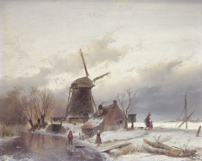 Een bevroren rivierlandschap met een windmolen door Andreas Schelfhout