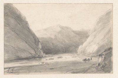 Berglandschap met rivier en een figuur met twee bepakte ezels door Andreas Schelfhout