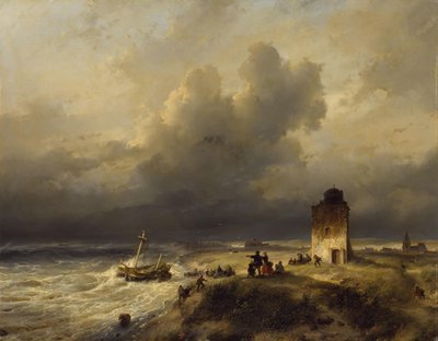 De stranding van een schip te Scheveningen bij stormachtig weer door Andreas Schelfhout