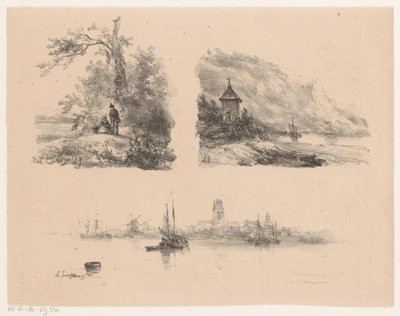 Figuren in een bos, een rivier langs bergachtige kust en boten op het water door Andreas Schelfhout