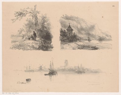 Figuren in een bos, een rivier langs bergachtige kust en boten op het water door Andreas Schelfhout
