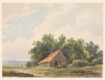 Landschap met schuur en in de verte een herder met schapen door Andreas Schelfhout
