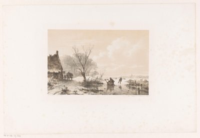 Schaatsers en man met slee op bevroren rivier door Andreas Schelfhout