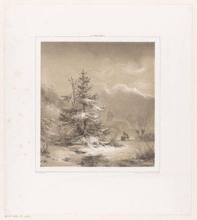 Winterlandschap met naaldbomen en man met slee door Andreas Schelfhout