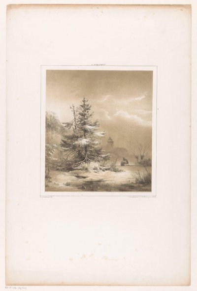 Winterlandschap met naaldbomen en man met slee door Andreas Schelfhout