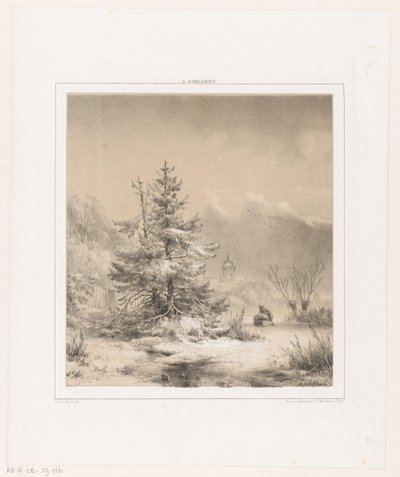 Winterlandschap met naaldbomen en man met slee door Andreas Schelfhout