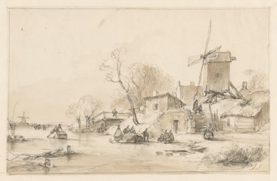 Winterlandschap met rechts een molen en enkele huisjes op een dijk door Andreas Schelfhout