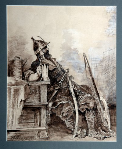 Afbeelding van de middeleeuwse Russische held Bogatyr, zwerfridder Aquarel door Andrei Petrovich Riabouchkine (Ryabushkin) (1861-1904) 1893 Dim 29,7x26,7 cm Regionale Kunstgalerij, Perm door Andrei Petrovich Ryabushkin