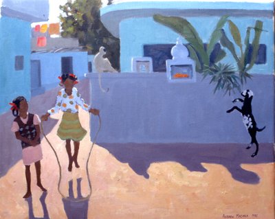 Huppelend meisje, aap en geit, India door Andrew Macara