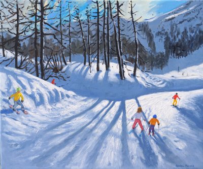 Lange boomschaduwen en skiërs, Tignes door Andrew Macara