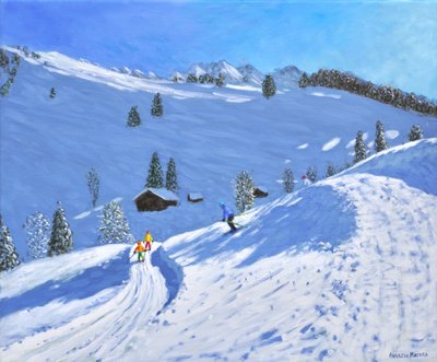 Ochtendskiën, La Clusaz, Frankrijk, 2018 (olieverf op doek) door Andrew Macara